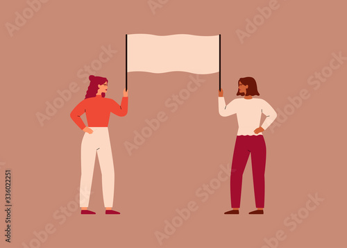 Young women hold a blank placard together and look at each other. Concept of protest and female's empowerment movement. Vector illustration