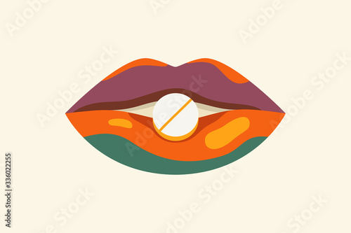 Female mouth taking medicine pill on isolated white background. Concept of influence and side effects of oral contraceptives, vitamins, drugs and others medicament for women. Vector