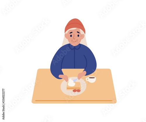 Positive cartoon girl eat dessert and drink coffee sitting at table isolated ...
