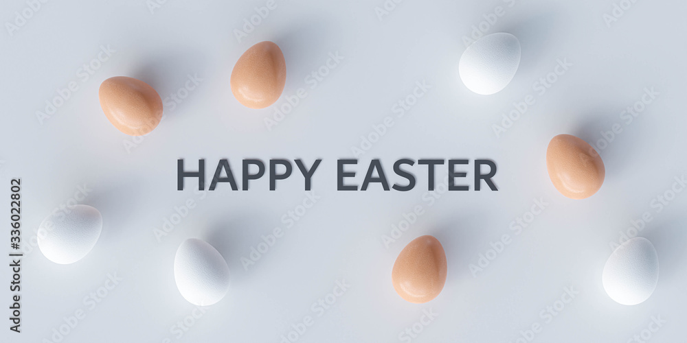 Happy Easter lettering and white and brown eggs decoration 3d render illustration Happy Easter lettering and white and brown eggs decoration 3d render illustration