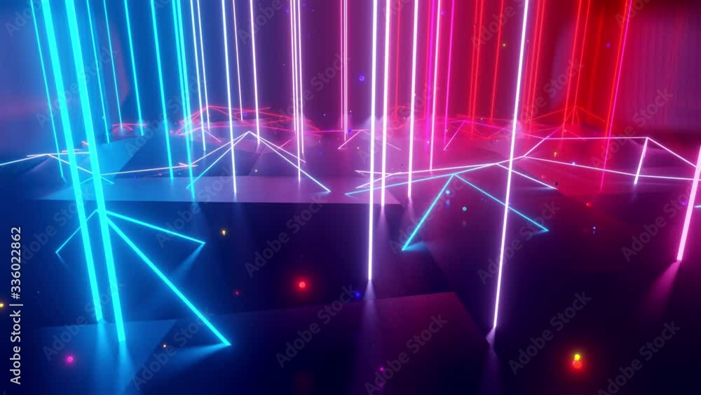 Neon linear lamps with gradient glow of red-blue color over a low poly surface onto which luminous multi-colored balls fall. 4k abstract dark creative background with neon light. Vertical neon lamps 2 Neon linear lamps with gradient glow of red-blue color over a low poly surface onto which luminous multi-colored balls fall. 4k abstract dark creative background with neon light. Vertical neon lamps 2