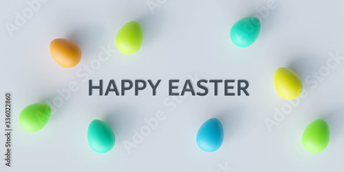 Happy Easter lettering and coloured eggs decoration 3d render illustration