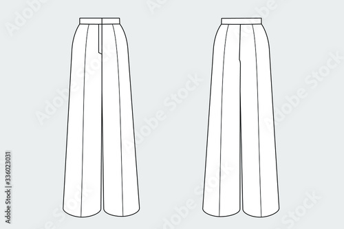 Classic woman trousers vector template isolated on a grey background. Front and back view. Outline fashion technical sketch of clothes model.