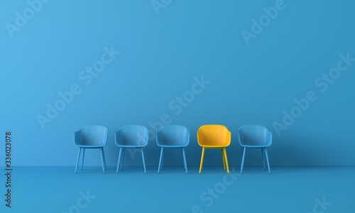 Yellow chair standing out from the crowd. Business concept. 3D rendering