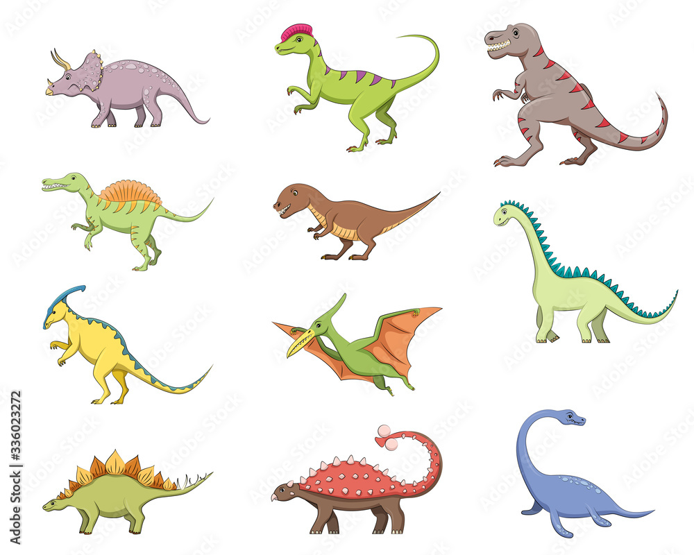 Set of colorful isolated dinosaurs. Vector illustration for kids book, app, advertisement design, label or sticker.