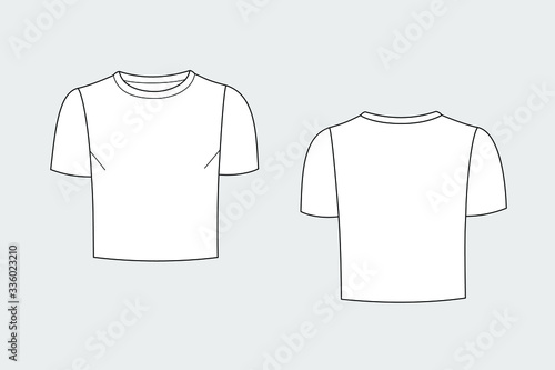 Female t-shirt vector template isolated on a grey background. Front and back view. Outline fashion technical sketch of clothes model.