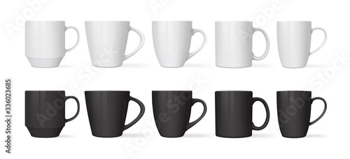 white and black mugs of different designs isolated on white background mock up
