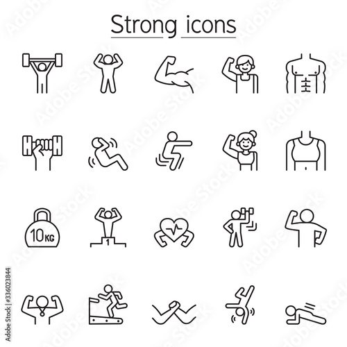 Strong, fit, exercise icons set in thin line style