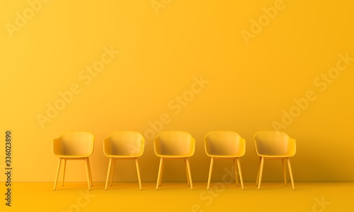 Row of yellow chairs. Business concept. 3D rendering