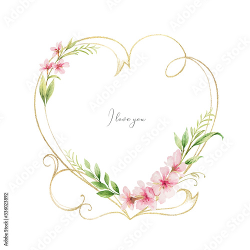 Gold vector frame with watercolor flowers and leaves.