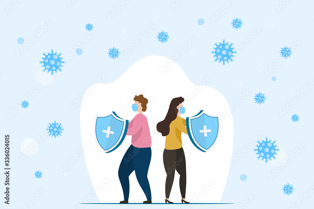 Obraz premium People with security shield and wearing medical face masks protection from coronavirus. Man and woman fighting Coronavirus cells. Concept of vaccine and stop COVID-19 pandemic. Vector illustration.