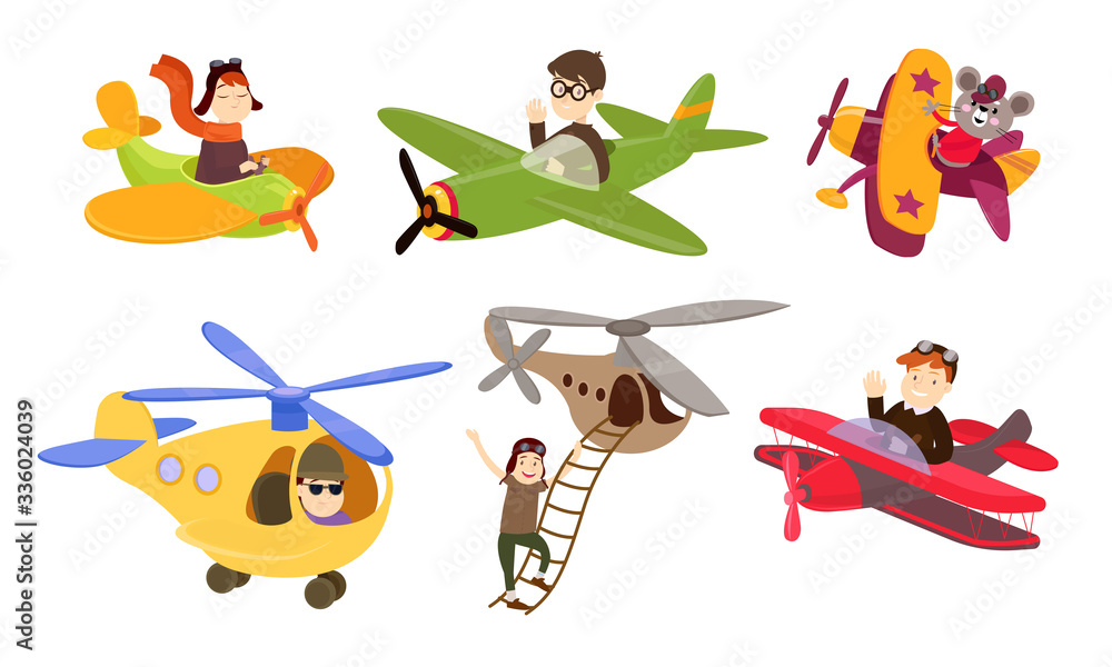 Obraz premium Happy people and animals pilots riding small planes and helicopters over white background
