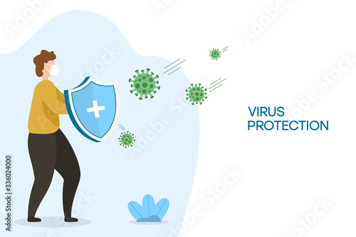 Coronavirus protection. Male with security shield for virus protection. Man fighting Coronavirus cells. Concept of vaccine and stop COVID-19 pandemic. Vector illustration.