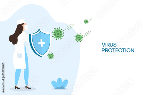 Coronavirus protection. Woman doctor with security shield for virus protection. Nurse fighting Coronavirus cells. Concept of vaccine and stop COVID-19 pandemic. Vector illustration.