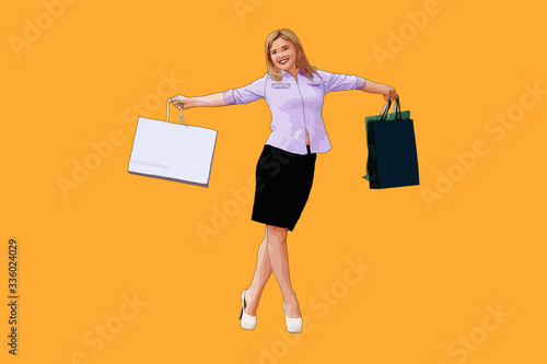 Woman with shopping bags, happy woman holds pockets with purchases, illustration