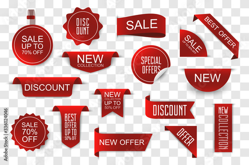 Set of sale tags, new collection and offers labels and ribbons. 3d dicsount badges on transparent background with shadow. Paper red banners. Vector illustration.