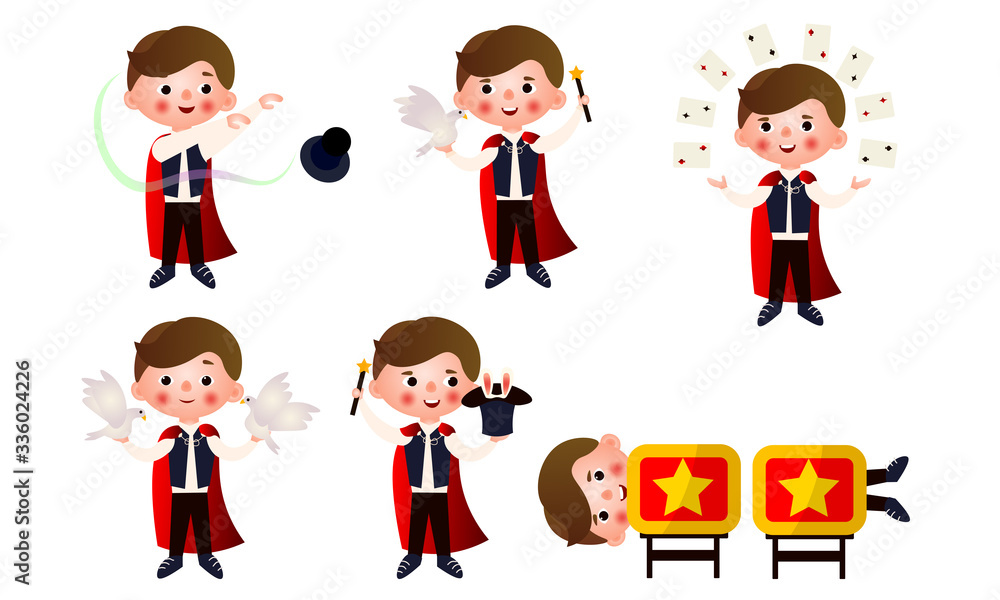 Young man magician with magic objects doing miracles vector illustration