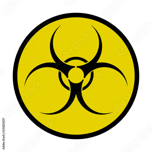 Illustration depicting a biohazard sign inscribed in a yellow circle with a black edging. Black symbol on a yellow background.
