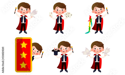 Young man magician with magic objects making miracles vector illustration