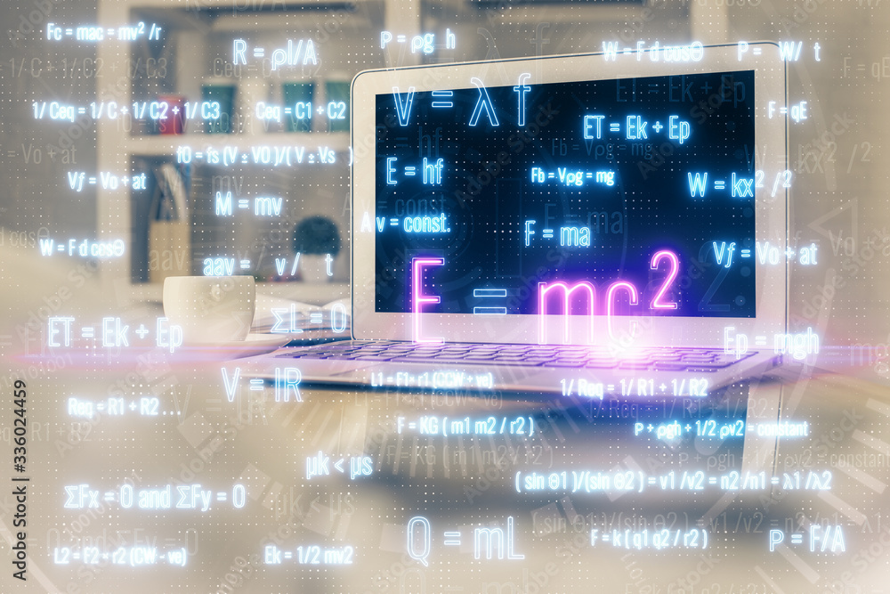 Desktop computer background and formula hologram writing. Double exposure. Education concept. Desktop computer background and formula hologram writing. Double exposure. Education concept.