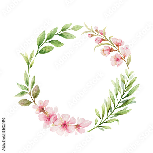 Watercolor vector wreath of pink flowers and almond leaves.
