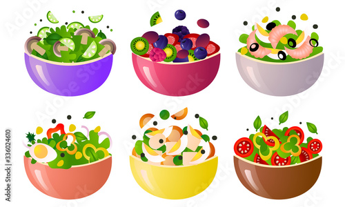Different kinds of healthy fresh salads meals in colorful bowls vector illustration
