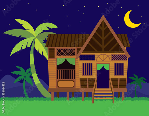 Beautiful Traditional Malay village house / Rumah Kampung Melayu with coconut trees in night scene background - vector illustration