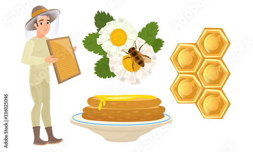 Beekeeper and different objects for honey production vector illustration