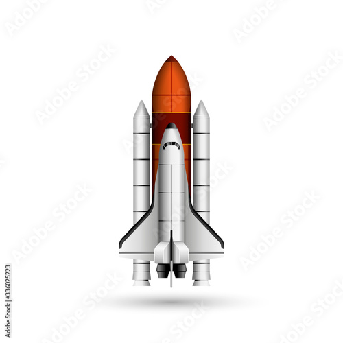 Space shuttle and rocket realistic vector 3d model mockup isolated on white, space mission spaceship getting ready to launch photo