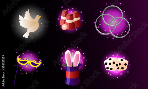 Set of cartoon magic objects for doing miracles and surprises vector illustration