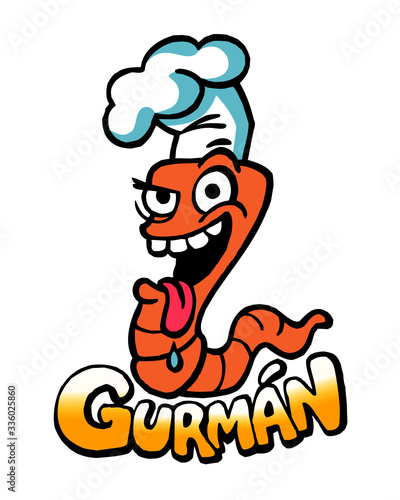 Earthworm gourmet and eater with chef hat and saliva on his tongue, cheerful mascot with big smile, color cartoon