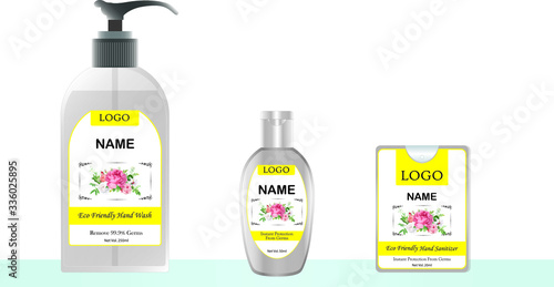 liquid soap and pocket hand sanitizer with label design ready for mock up. vector illustration