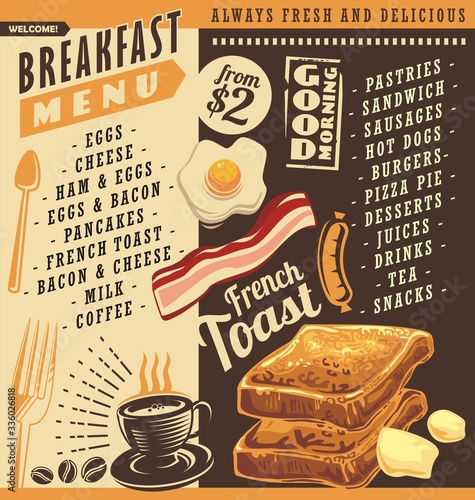 Breakfast menu, restaurant menu design with price lists and food graphics. French toast, egg and bacon vector images. Hot coffee cup drawing illustration.