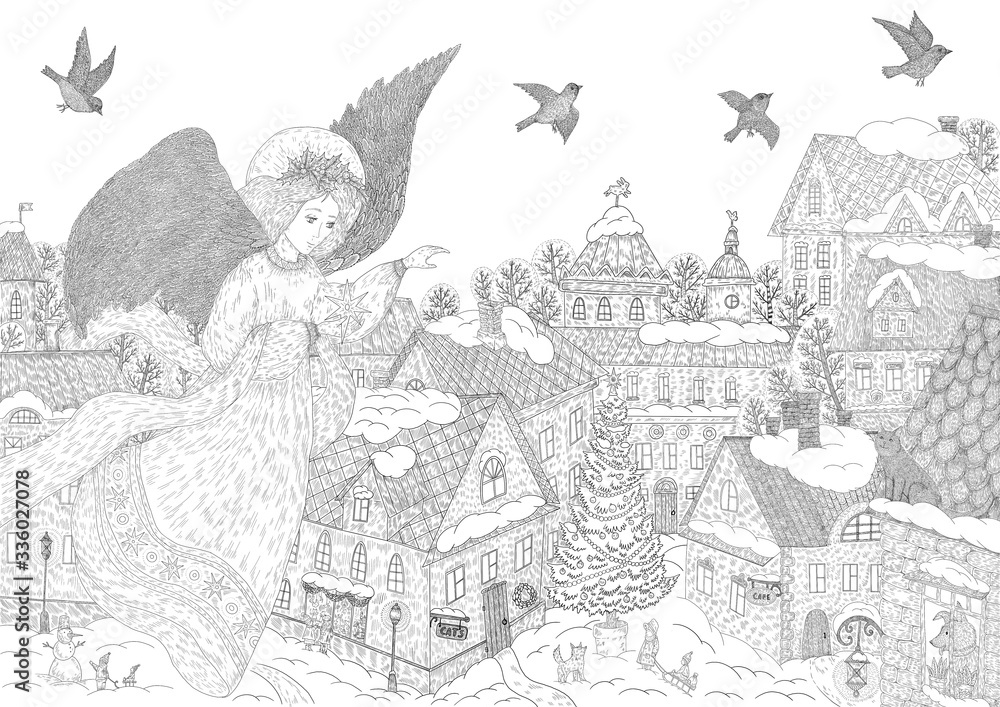 An angel flies over the city on Christmas night. Coloring. Black and white digital illustration. Cute illustration for the decor and design of posters, postcards, prints, stickers, invitations.