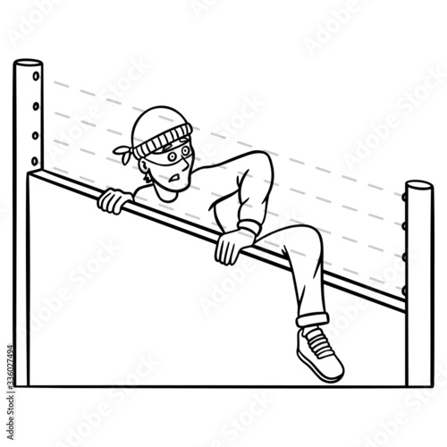 single-colored coloring page of a burglar climbing over a wall and being surprised by the light barrier of the alarm system.  Vector cartoon.