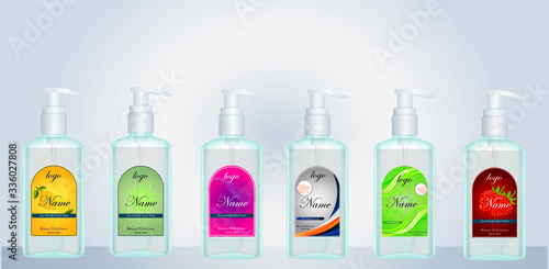 Bottle with liquid soap with label designs for your product. Plastic bottle with label ready for mock up. vector