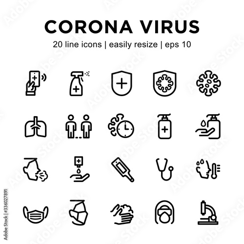 simple set of coronavirus line icons, contains icons such as coronavirus symptoms, prevention, medical tools and others.