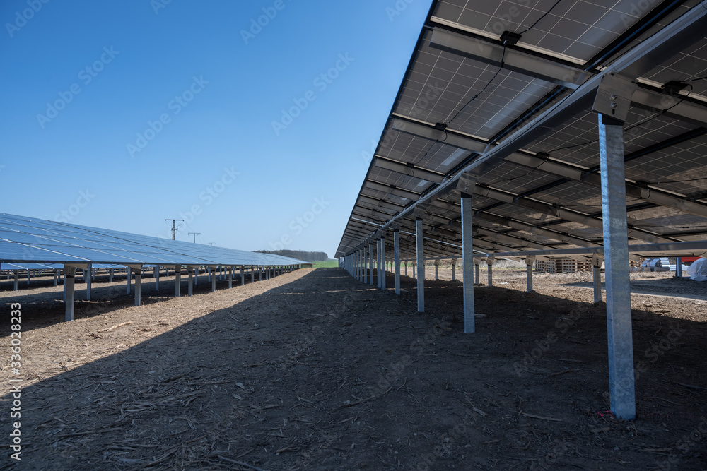 solar thermal collector field, view from below, the panels generate renewable energy by photovoltaic technology, blue sky with copy space