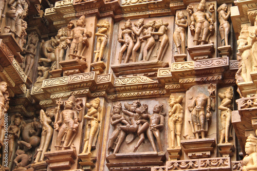 Decorations in one of the temple in KhaJuraho, India photo