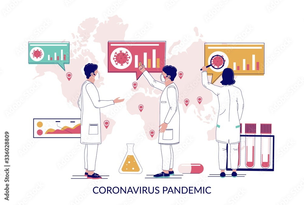 Coronavirus pandemic world spread, vector flat illustration