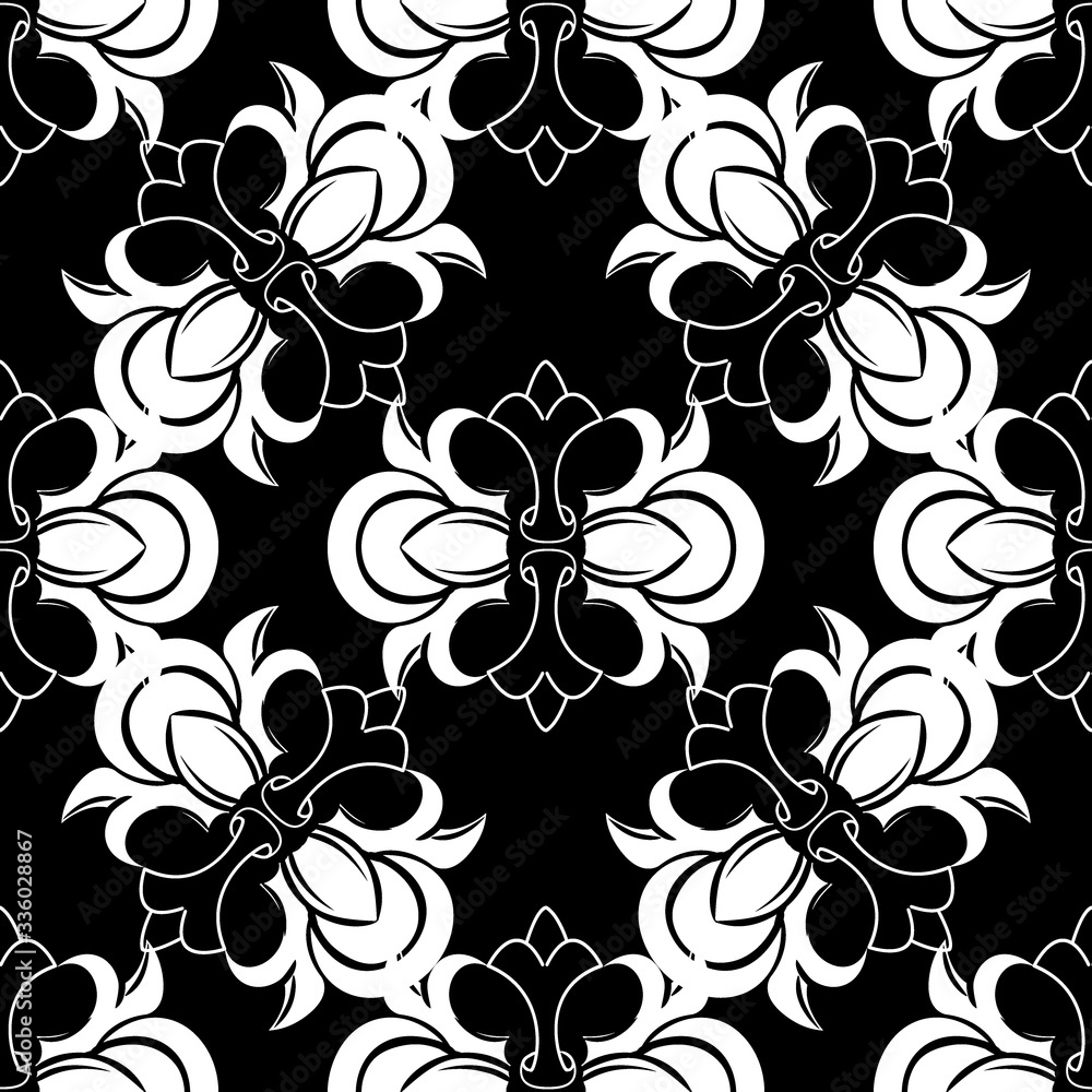 Fototapeta premium Vector tile seamless pattern. White ornament on black background