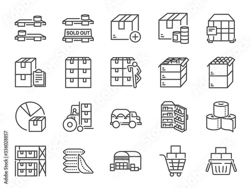 Stockpile line icon set. Included icons as boxes, container, inventory, supplies, stock up, food and more.