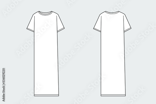 Female modern dress vector template isolated on a grey background. Front and back view. Outline fashion technical sketch of clothes model.