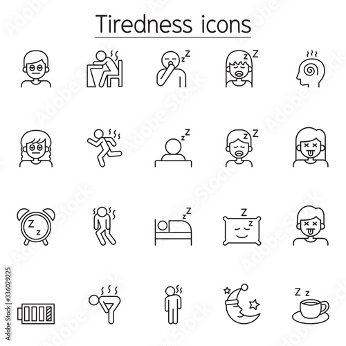 Tiredness, sleepy icons set in thin line style
