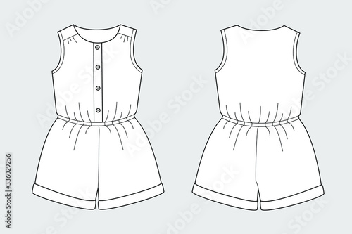 Female jumpsuit shorts vector template isolated on a grey background. Front and back view. Outline fashion technical sketch of clothes model.