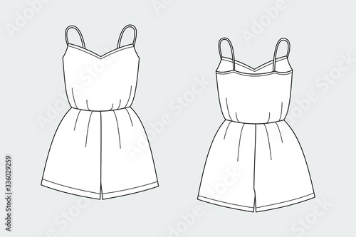 Female jumpsuit shorts vector template isolated on a grey background. Front and back view. Outline fashion technical sketch of clothes model.