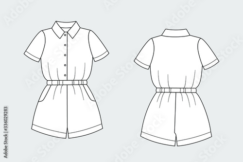 Female jumpsuit shorts vector template isolated on a grey background. Front and back view. Outline fashion technical sketch of clothes model.
