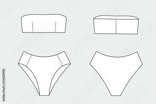 Female swimsuit vector template isolated on a grey background. Front and back view. Outline fashion technical sketch of clothes model.