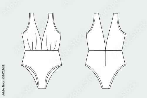 Female one-piece swimsuit vector template isolated on a grey background. Front and back view. Outline fashion technical sketch of clothes model.