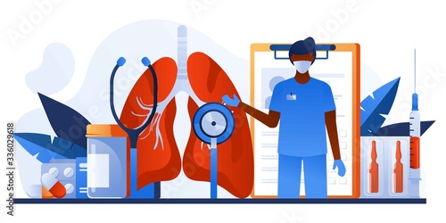 Pulmonology of human lung. For website, banner. Fibrosis, tuberculosis, pneumonia, cancer, virus, lung diagnosis doctors treat, scan lungs. Stethoscope, pharmacy, drugs. Coronavirus, COVID-19.